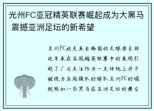 光州FC亚冠精英联赛崛起成为大黑马 震撼亚洲足坛的新希望
