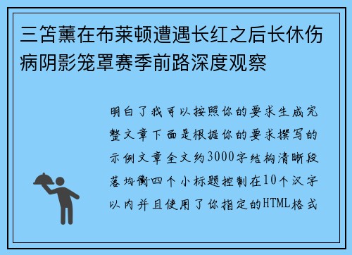三笘薰在布莱顿遭遇长红之后长休伤病阴影笼罩赛季前路深度观察